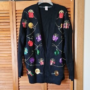 Holiday Time Black Cardigan with Colorful Festive Accents